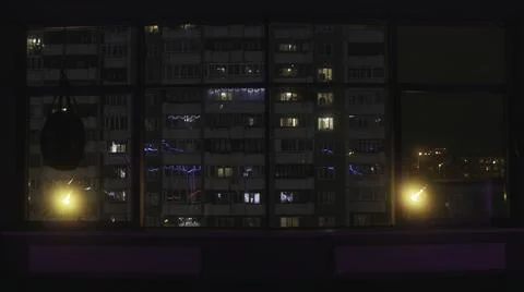 View from the window of a large empty training hall to the high residential Stock Illustration