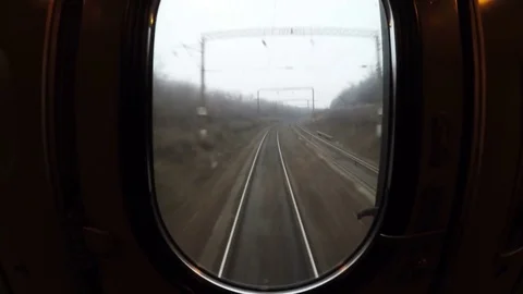View from window of last moving train carriage or waggon, sleepers and rails Stock Footage 85285653
