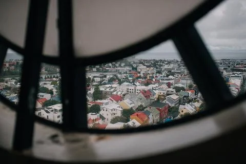 A view from a window looking out over the rooftops of Reykjavik Stock Photos
