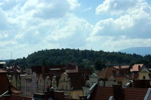 View from window on mountains and forest Stock Photos