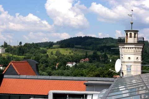 View from window on mountains and forest Foto stock
