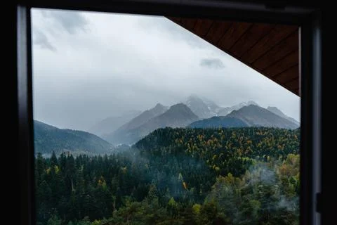 View from the window to the mountains and forest Stock Photos