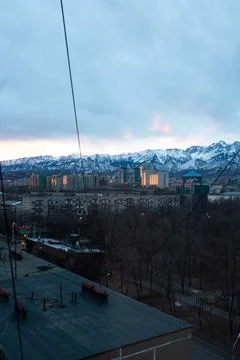 View from the window of the mountains at dawn Stock Photos