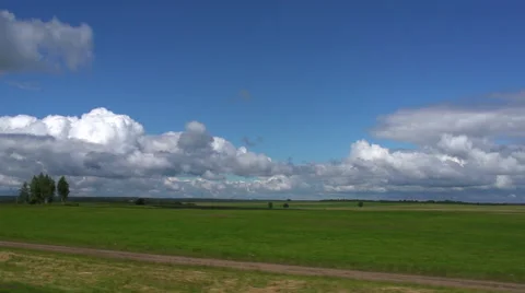 The view from the window of a moving car. The fields trees, ponds. Stock Footage 54902340