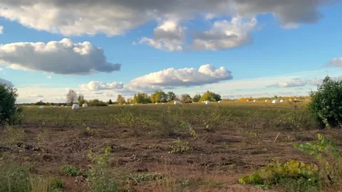View from the window of a moving car on the Hay balls packed with plastic bags Video stock 218759966