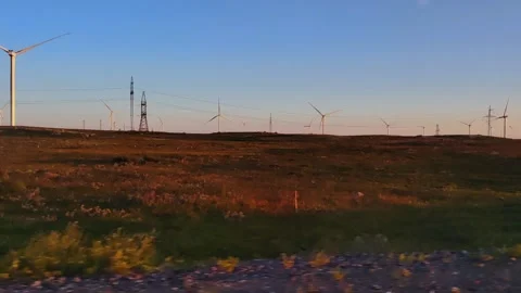 View from the window of a moving car to the windmills. Stock Footage 297614739