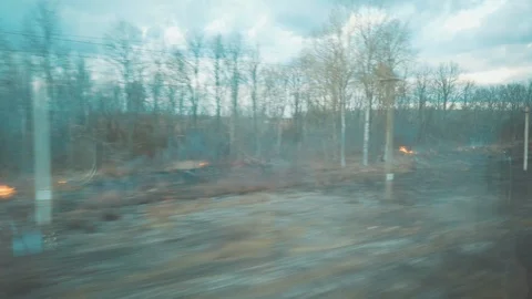 View from the window of moving train on a burning forest. Fire in a forest. Stock-Footage 125134181