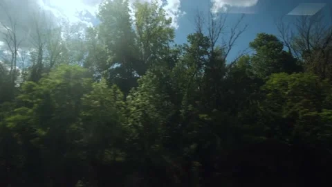 View from the window of a moving train of fields and forests on summer day Stock Footage 167336266