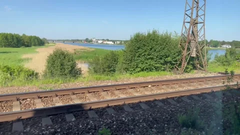 View from the window of a moving train, Latvia, Jurmala Stock Footage 295383173