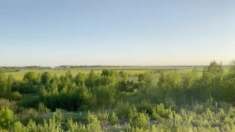 View from the window of a moving train to meadows, trees, fields at sunset Stock Footage 155378355