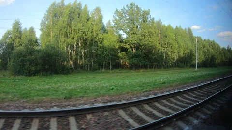 View from the window of a moving train. Rails and natural landscape. 4K video. Stock Footage 196415002