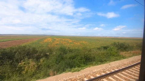 View from window in moving train, railway, fields landscape Stock Footage 114653200