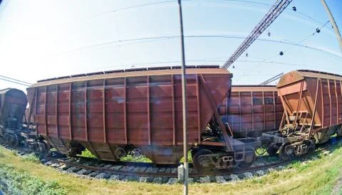 A view from a window of a moving train shot on a wide-angle lens. Stock Photos