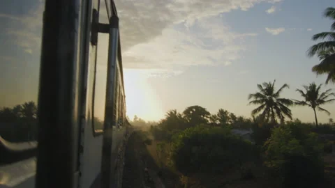 View From Window Of Old Blue Train Moves On Countryside ，Tanzania Stock Footage 132445404