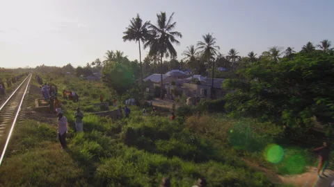 View From Window Of Old Blue Train Moves On Countryside ，Tanzania Stock Footage 132546407