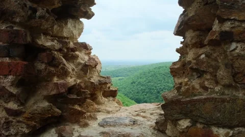 View from the window of the old brick fortress on the mountain landscape. Stock-Footage 241708497