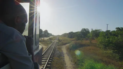 View From Window Of Old  Train Moves On Countryside ，Tanzania Stock Footage 132416846