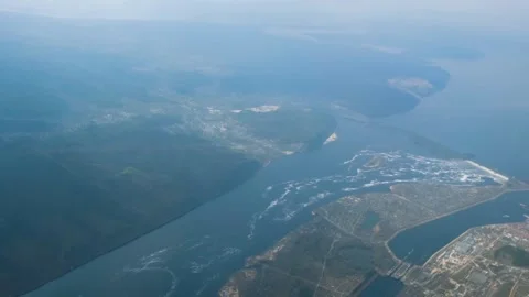 The view from the window of the porthole on the plane to the Volga River Stock Footage 274096894