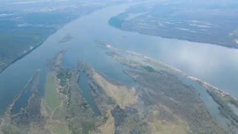 The view from the window of the porthole on the plane to the Volga River Stock Footage 274096895