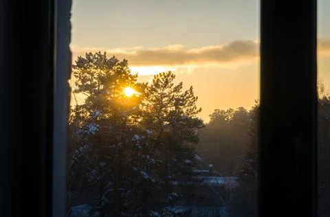 View from the window to the setting sun over the forest. The rays of the evening Stock Photos