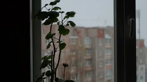 View window on snowy winter in city. Architecture eastern europe, soviet union Stock Footage 293081435