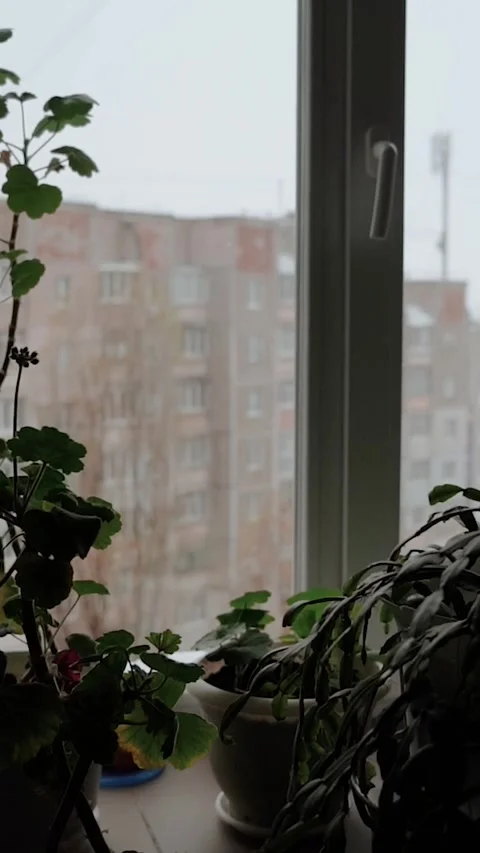 View window on snowy winter in city. Architecture eastern europe, soviet union Stock Footage 293083460