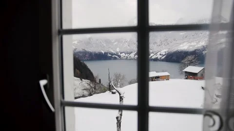 View from the window of some mountain house to the Swiss Alps, beautiful Stock Footage 224537475