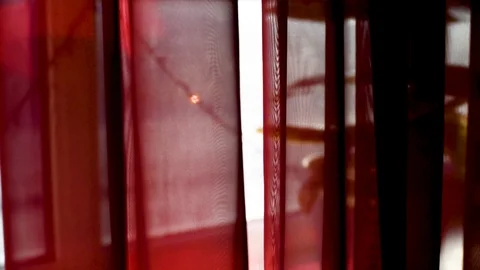 View from the window through a curtain of Burgundy and glass, which is fixed gar Video stock 106014012