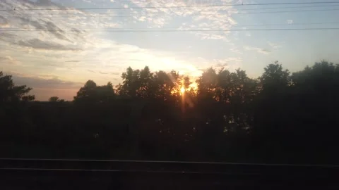 View from the window of the train carriage at sunset in the forest Video stock 138104802
