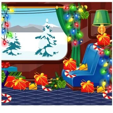 View from window of a train decorated in Christmas style. Gift boxes with ribbon Stock Illustration