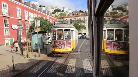 View from the window of tram 28 Lisbon Stock Footage 64115352