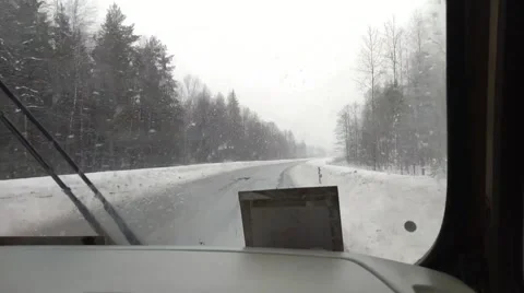 View from the windshield of the bus in winter with a bad road Stock Footage 171219567
