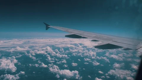 View of the wing of the aircraft during the flight. View through the window Stock Footage 114521378