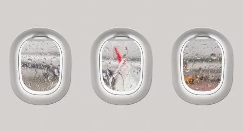 View of wing and water drops from airplane windows - flight concept Stock Photos