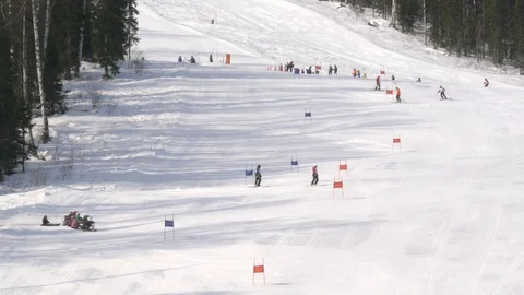 View of the winter mountains and ski slopes. Stock Footage 104741692