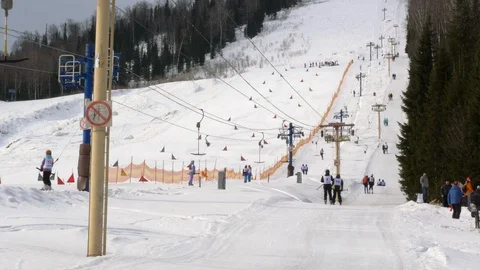 View of the winter mountains and ski slopes. Stock Footage 104741702