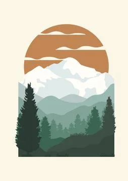 View on winter mountains with cold sunrise poster print. Aesthetic minimalist Stock Illustration