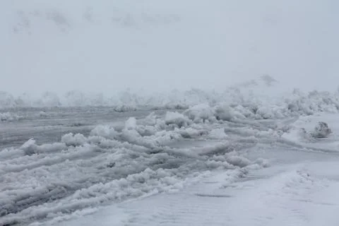 View on winter road during bad weather conditions Stock Photos