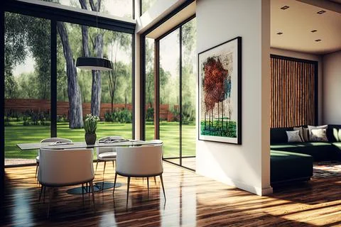 A view from within a contemporary living area with wood floors and a view of the Stock Illustration