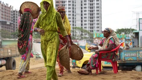 View of women working at construction site in Aminbazar, Bangladesh. Video stock 334995080