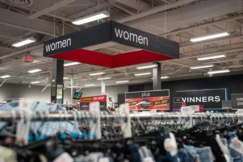 View of women's clothing section inside Winners store. Toronto, Canada - July 24 Stock Photos