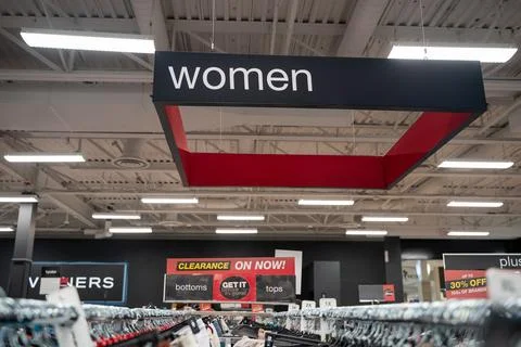 View of women's clothing section inside Winners store. Toronto, Canada - July 24 Stock Photos