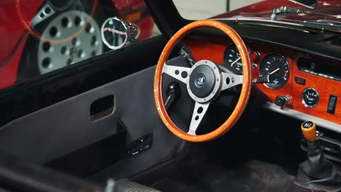 View of wooden interior elements of retro car Stock Footage 151955716