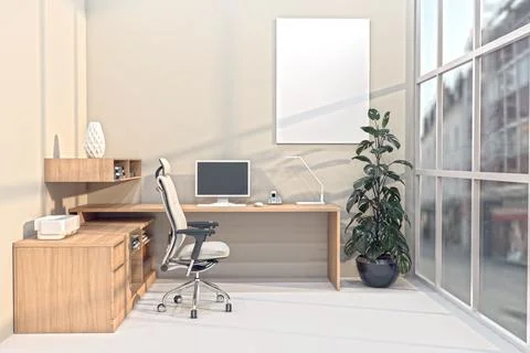 View of a wooden working desk with computer equipment in a room - 3D rendering Illustrazione stock