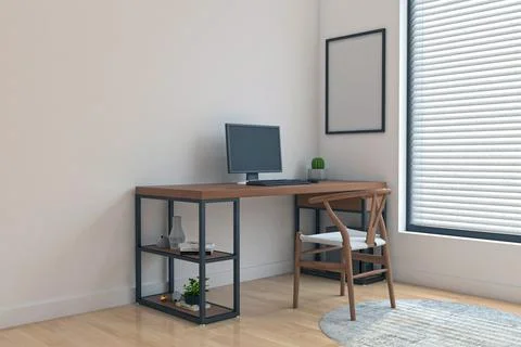 View of a wooden working desk with a computer screen and different objects in a Illustrazione stock