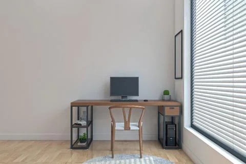 View of a wooden working desk with a computer screen and different objects in a 스톡 일러스트