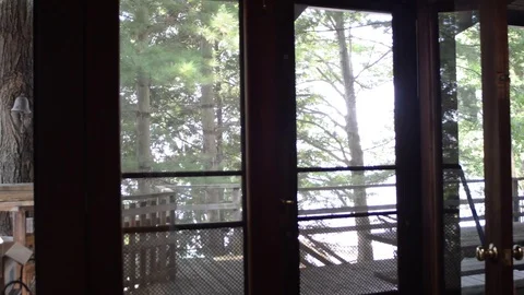 View of woods from cabin doors Stock Footage 79789185