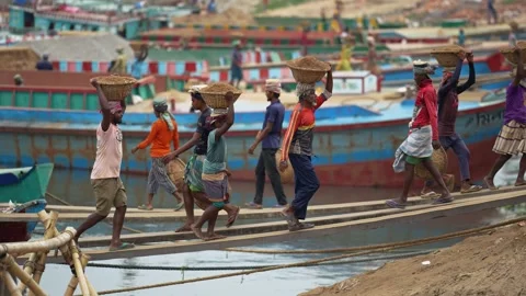 View of workers carrying sand baskets at Aminbazar, Bangladesh. Stock Footage 334993969