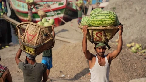 View of workers carrying watermelons at Sadarghat port, Bangladesh. Stock Footage 335010331