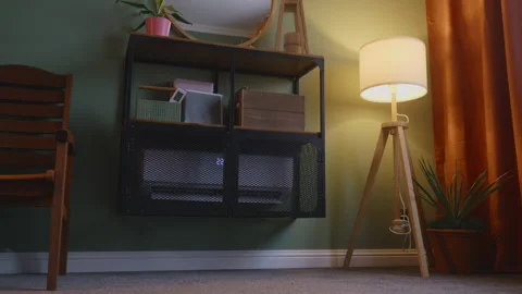 View of working air conditioner warming up bedroom. Alternative heating Stock Footage 230981467